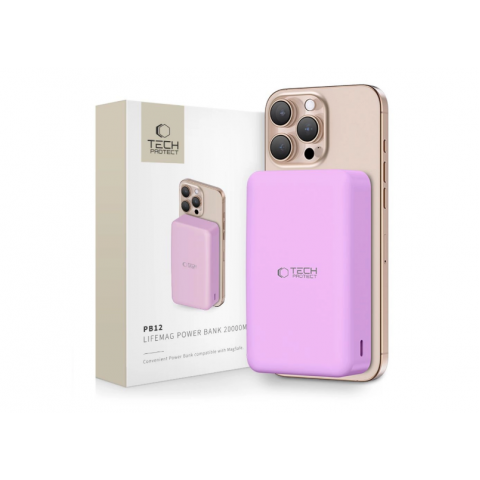 Nešiojamas įkroviklis - akumuliatorius 20000mAh USB + USB C 15W su bevieliu įkrovikliu, su indikatoriumi QC rožinis (purple) Tech-Protect PB12